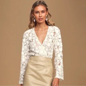 Lulus White Lace Faux Wrap Bodysuit - Beautiful